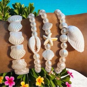 4Pc Bohemian Beach Shell Faux Pearl Beaded Stretch Bracelet Set